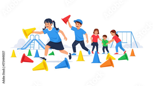 Playground Fun: Energetic children are immersed in an outdoor playground, cheerfully playing games, and filled with excitement and happiness. A vivid scene.