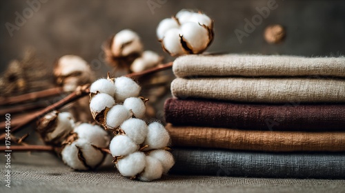 Cotton flowers and organic textile stacks. Linen cotton available at eco-friendly fabric shop. Natural fiber production & textile manufacturing. Recycle clothes concept