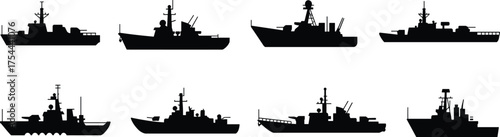 Warship silhouettes collection, military navy ships, battleships, destroyers, combat vessels, fleet illustration, defense maritime power, ocean warfare concept, vector design
