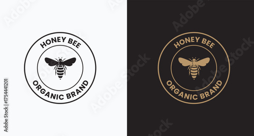 100% Natural wild raw organic honey logo label concept with bee symbol inside hexagon honeycomb nectar drop sign. Beekeeper farm badge brand identity template. Vector illustration.