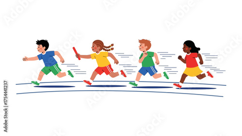 Race Relay: Four animated children running in a relay race, showcasing teamwork and competitive spirit. Illustrating youthful energy and the thrill of sports.