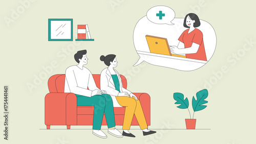 Couple Consultation Telehealth Doctor Visit Online Medical Video Call Flat Illustration
