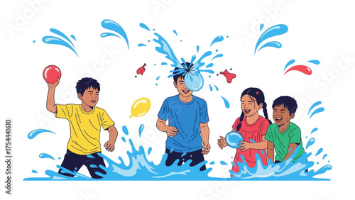 Water Balloon Delight: A spirited group of children engage in a lively water balloon fight, creating a splash of fun and laughter on a sunny day. 