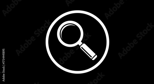 Illustration of a simple white magnifying glass icon on a solid black background, representing search and discovery concepts in a minimalist and modern style.