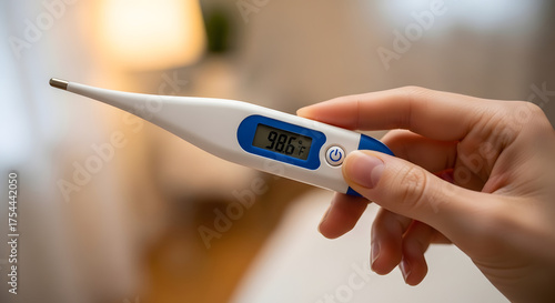 Close-up of a digital thermometer displaying a temperature reading held in a person's hand