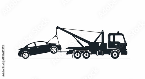 Illustration of a black tow truck towing a black car on a white background, showcasing two vehicles in silhouette style for transportation and towing service concepts.