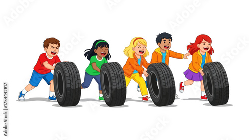Childhood Games: A group of children engage in a spirited tire-rolling race, reveling in the joy of playtime and teamwork under a bright sky.