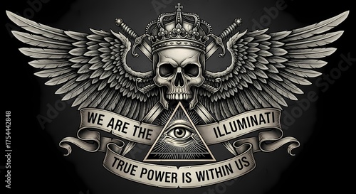 Intricate monochrome design featuring a skull with wings, eye in pyramid, crown, and banners displaying motivational message on dark background, ideal for artistic and mysterious themes