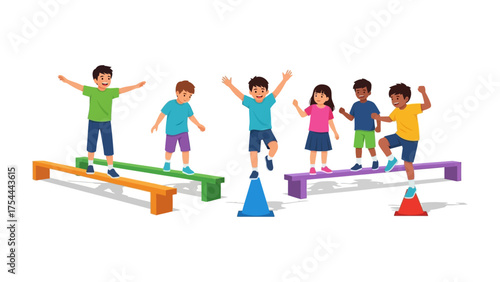 Balancing Act: A group of children engaging in an outdoor activity, each one meticulously balancing on beams, showcasing a blend of concentration, coordination, and camaraderie. 