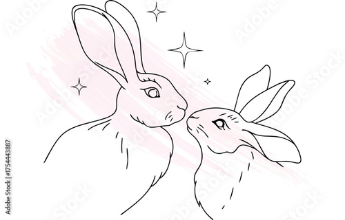 Rabbits drawn with continuous Single line art with  brush strokes stars bunny