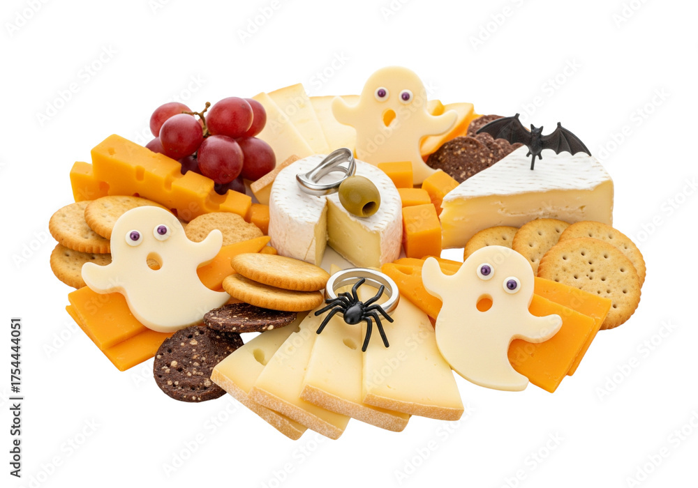 Obraz premium Spooky Halloween Cheese Board with Ghost Cookies, Bat Cheese, and Festive Snacks Isolated on White