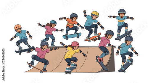 Skateboarders in Action: A vibrant illustration captures a group of young skateboarders executing a series of dynamic maneuvers, showcasing their skill and enthusiasm in a lively skatepark scene.