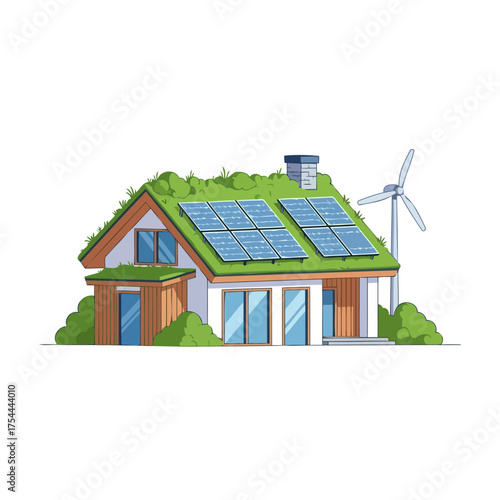 Smart eco-friendly house with solar panels and wind turbine