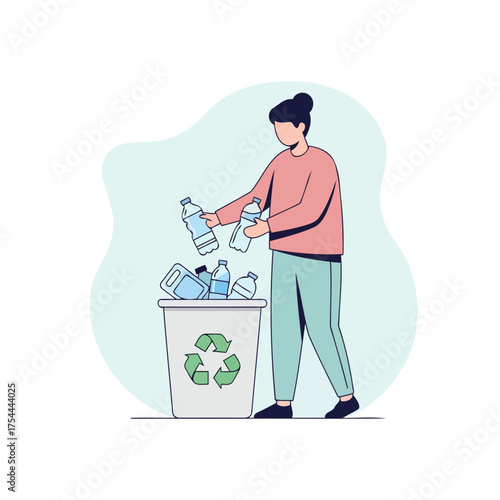 Young man recycling plastic waste, eco-friendly lifestyle illustration