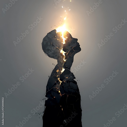 minimalist surreal illustration of human silhouette with fractured mind glowing from within, light piercing through cracks, emotional healing and transformation theme, 