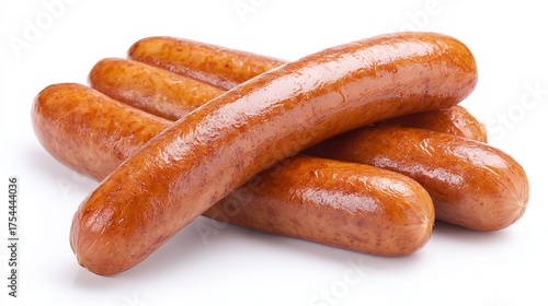 Frankfurt sausages on a plain white backdrop. Isolated German wieners. Cooked pork links alone on white. Wieners on a white background. Ready-to-eat sausage isolated.
 
