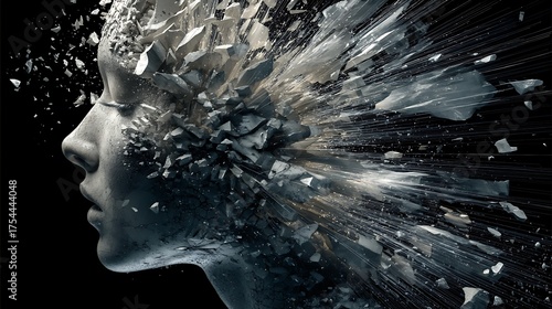 hyper-realistic fine art of human head shattering into fragments with beams of light bursting outward, symbolizing mental liberation and freedom, dramatic lighting, cinematic depth, 32K resolution, 