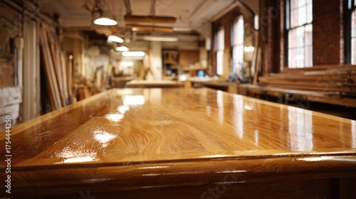 woodwork. A beautifully crafted wooden table with a smooth, reflective varnished surface. product launch decks, UI/UX mockups, designed for data visualization dashboards and holographic UIs.