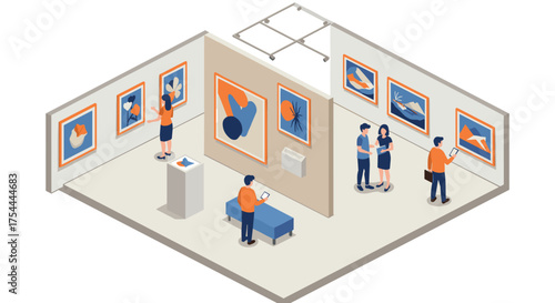 Art gallery visit with visitors engaged in viewing modern exhibits in isometric style