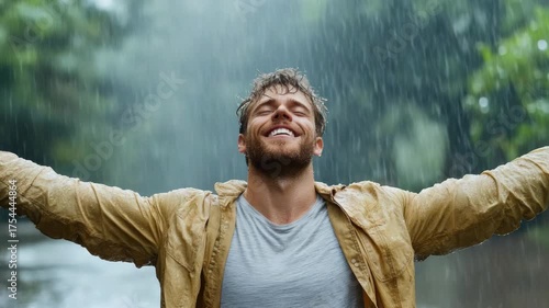 Joyful man embracing rain outdoors, feeling alive and free nature, arms outstretched with happiness