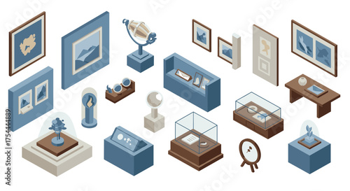 Isometric art gallery display with exhibits and showcases