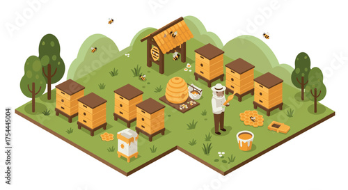 Isometric beekeeping scene with hives, beekeeper, and honeycomb in nature