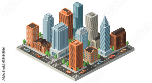 Modern isometric urban cityscape with high-rise buildings and streets