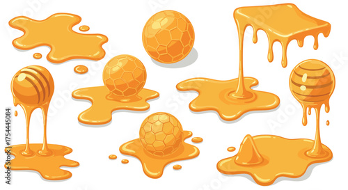 Honey dripping spheres and puddles set with glossy 3d effects