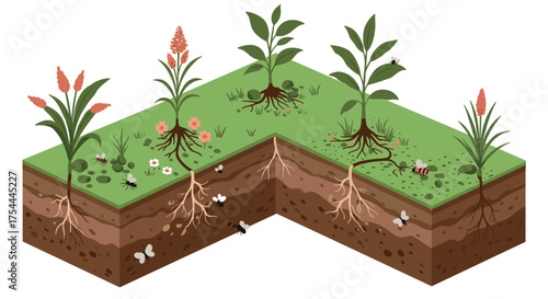 Isometric plant growth: underground and above explored in detailed cross section