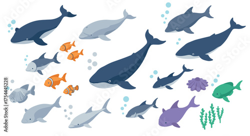 Vibrant marine life featuring whales, fish, and seaweed in flat design