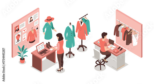 Fashion design workspace in isometric style with designers and clothing displays