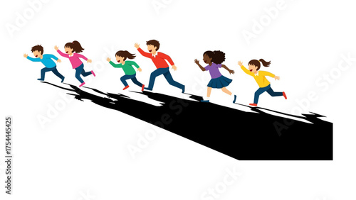 Children's Day Run and Shadow: A vibrant illustration depicting a group of children running together with their elongated shadows cast behind them, representing growth, development and moving forward.