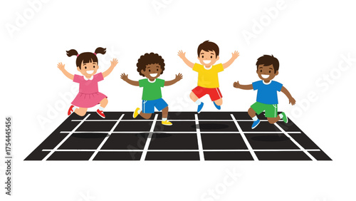 Playtime Jumping Joy:  A group of children joyfully leaping and playing on a checkered surface, capturing the innocence and carefree spirit of childhood.