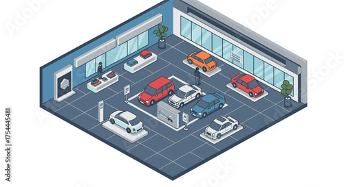 Modern car showroom in isometric style with diverse vehicles and salespeople