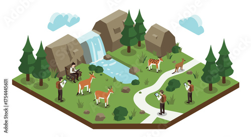 Isometric nature park scene with forest animals and visitors observing wildlife