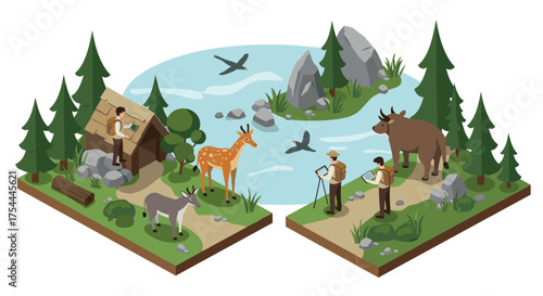 Isometric nature reserve with wildlife observation and hikers in a forest landscape