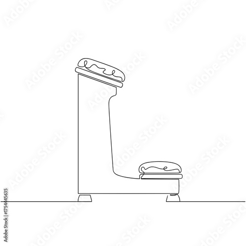 Garden kneeler bench in one line art style, black and white, representing ergonomic yard work support, with copy space