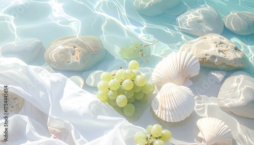 Refreshing Grapes and Seashells Submerged in Clear Water