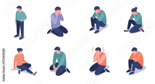 Isometric characters in various emotional poses on white background