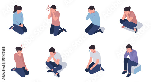 Isometric characters showing emotional distress and anxiety in various poses