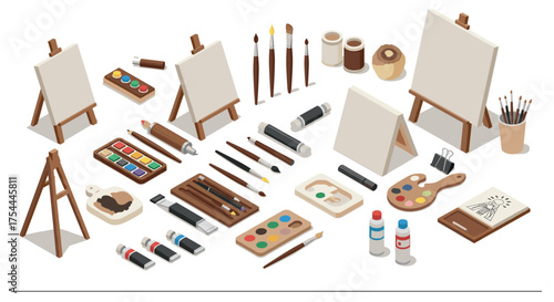 Isometric art supplies set with easels and paints for creative projects