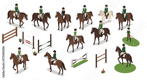 Isometric equestrian scene with horse riders and jumping obstacles