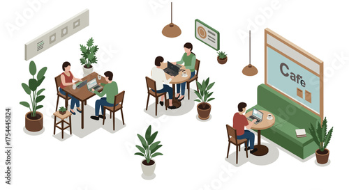 Cozy cafe scene with isometric design featuring people working on laptops