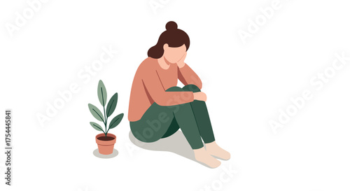 Minimalist illustration of a woman sitting alone with a plant for mental health and solitude concepts