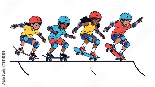 Skateboarders on a Ramp: Energetic individuals with safety gear showcase skillful skateboarding maneuvers on a ramp, capturing the thrill and adventure of outdoor recreation.
