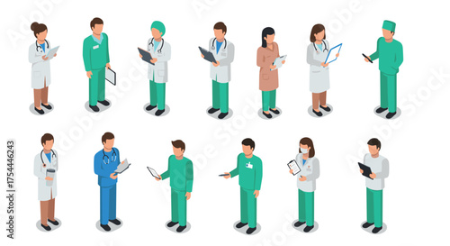 Isometric medical professionals discussing reports in various uniforms