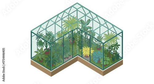 Isometric greenhouse filled with lush tropical plants on white background