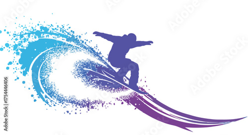 Dynamic Snowboarder or Surfer Silhouette: Blue and Purple Wave Splatter Action Graphic
