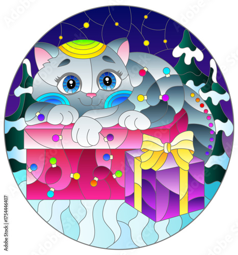 Wallpaper Mural Stained glass window style illustration with cartoon cute cat on the background of the cloudy starry sky and forest Torontodigital.ca