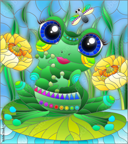 An illustration in the style of a stained glass window with a frog princess on a background of sky and flowers